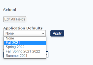 Screenshot of the application default's dropdown menu in the school certification section of the application. Highlighting Fall 2021 option 